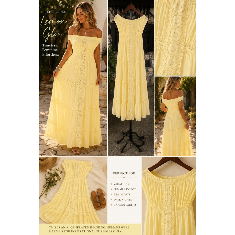 Lemon Glow Boho Cottagecore Off-Shoulder Maxi Dress Yellow Large